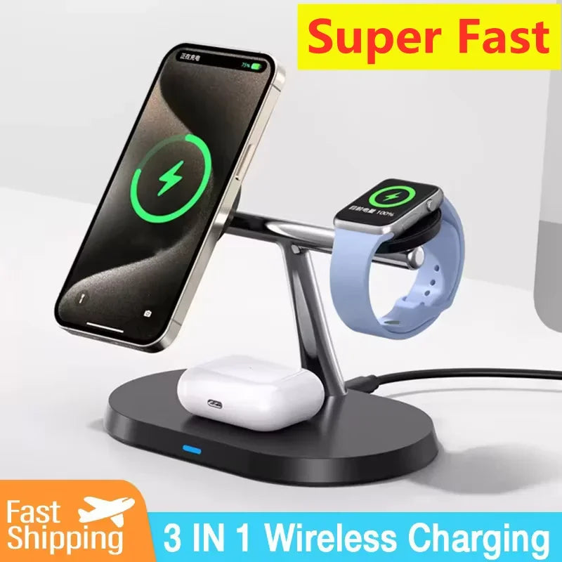 3 In 1 Magnetic Wireless Charger Stand For iPhone 16 15 14 13 Pro Apple Watch 9 8 Airprods 3 In 1 Macsafe Fast Charging Station